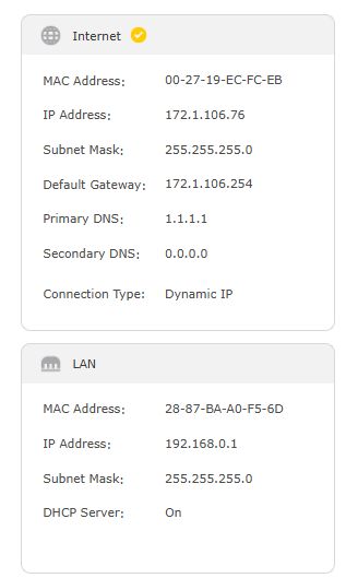 Zrzut ekranu z panelem informacji sieciowych routera ZTE G5 Ultra podzielony na sekcje Internet i LAN