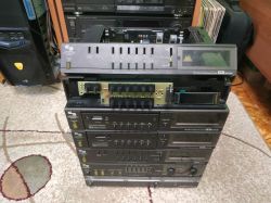 Modular Schneider Hi-Fi tower with open tuner and visible circuit board