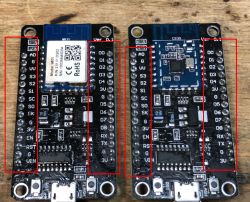Two NodeMCU modules with pin labels visible on a dark background.