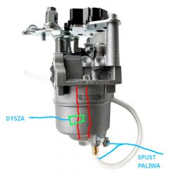 Carburetor with Jet and Fuel Drain Labels Metal carburetor with labeled components: jet and fuel drain