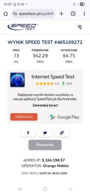 Wynik testu prędkości internetu Orange Mobile z pobieraniem 342,29 Mb/s