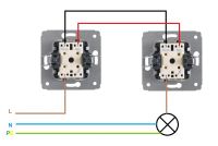 Diagram of Fibaro Dimmer FDG211 in a staircase installation with bistable switches