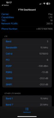 Zrzut ekranu z aplikacji FTM Dashboard na telefonie, pokazujący informacje o sieci LTE i parametrach sygnału.