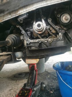 Widok od spodu częściowo rozebranego silnika samochodowego z łańcuchem rozrządu na podnośniku hydraulicznym.