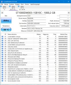 Zrzut ekranu z programu CrystalDiskInfo pokazujący stan dysku ST1000DM003
