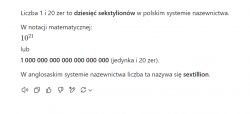 Tekst wyjaśniający znaczenie liczby dziesięć sekstylionów w języku polskim i anglosaskim.