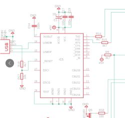 Fragment schematu z układem scalonym IC5 podłączonym do złącza USB i linii zasilania.