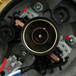 Inside base of kettle showing protections A and B (thermal cutoffs) and C (thermistor).