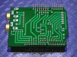 Visualization of a green printed circuit board with visible traces and gold pins.