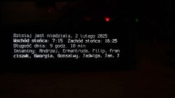 Screen displaying date, sunrise and sunset times, and namedays.