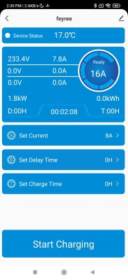 EV Charger App User Interface EV charger app interface showing charging parameters.