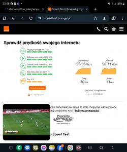 Zrzut ekranu z testu prędkości internetu na stronie Orange na Samsung Fold 4.