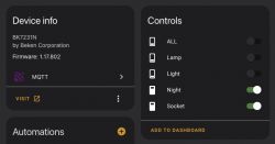 Smart device control interface with firmware details and control switches.