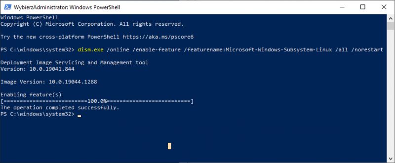 Enabling WSL in PowerShell on Windows 10 PowerShell window with WSL feature enabled on Windows 10.