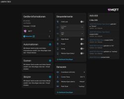 Screenshot of Home Assistant MQTT device page with controls, sensors, and activity log