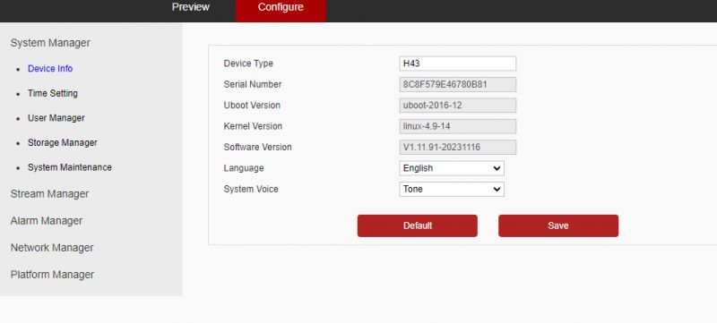 Zrzut ekranu panelu konfiguracyjnego kamery IP z widocznymi ustawieniami systemu i przyciskami 