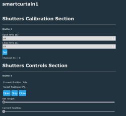 Screenshot of “smartcurtain1” with shutter calibration and control sections and Open/Stop/Close buttons