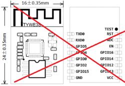 Crossed-out TYWE3S Module Specification Diagram of TYWE3S module with crossed-out pin specification.