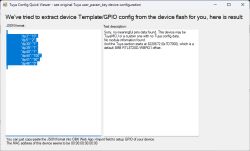 Screenshot of Tuya Config Quick Viewer showing JSON dp entries and a message that no meaningful GPIO pins data was found