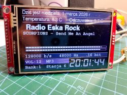 TFT display showing internet radio UI: Radio Eska Rock, Scorpions track, and weather data