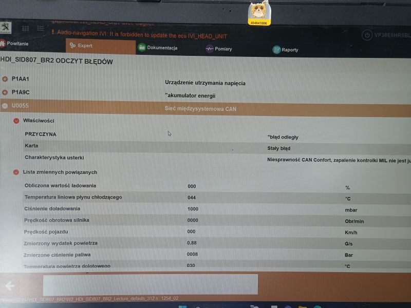 Ekran laptopa z odczytem błędów: P1AA1, P1A9C i U0055 „Sieć międzysystemowa CAN”.