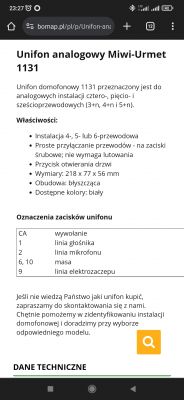 Strona opisu unifonu Miwi-Urmet 1131 z oznaczeniami zacisków.