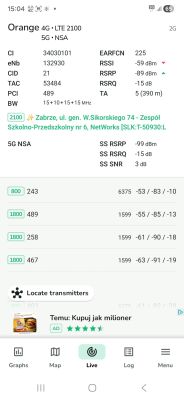 Zrzut ekranu z aplikacji NetMonster pokazujący dane sieci LTE i 5G operatora Orange