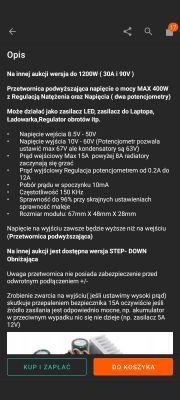 Ekran aukcji internetowej z opisem przetwornicy podwyższającej napięcie.