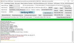 Screenshot of BK7231 Easy UART Flasher showing “Verifying MD5…” and a log with error messages.