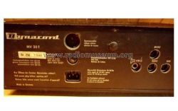 Tył wzmacniacza Dynacord MV 20T z etykietami i złączami.