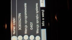 Car radio display showing software version 0407 and part number 3C8035279N.