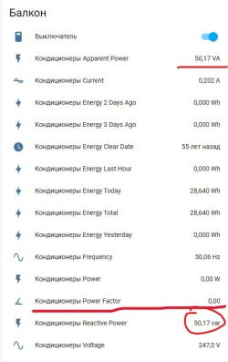 Energy monitoring panel for balcony air conditioners, highlighting apparent power 50.17 VA and reactive power 50.17 var.