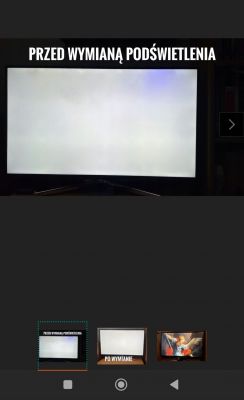 Zbliżenie na ekran telewizora Samsung z widocznymi fioletowymi plamami i zaciemnieniami, przed wymianą podświetlenia.