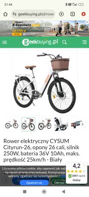 Zrzut ekranu sklepu: biały rower elektryczny CYSUM Cityrun-26 z koszykiem, opis 250W i 36V 10Ah