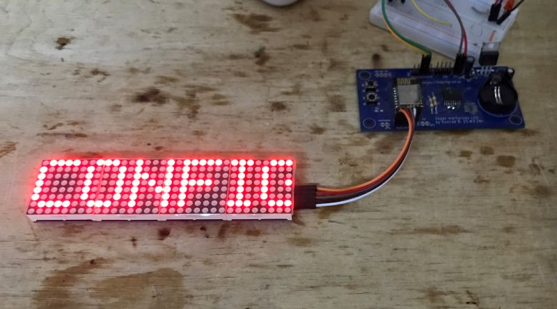 LED Display with 'CONFIG' on Prototyping Board LED display with the text 'CONFIG' connected to a prototyping board.