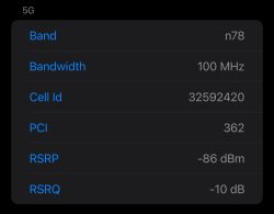 Zrzut ekranu przedstawiający parametry sieci 5G, w tym pasmo n78, szerokość pasma 100 MHz, identyfikator komórki 32592420, PCI 362, RSRP -86 dBm i RSRQ -10 dB.