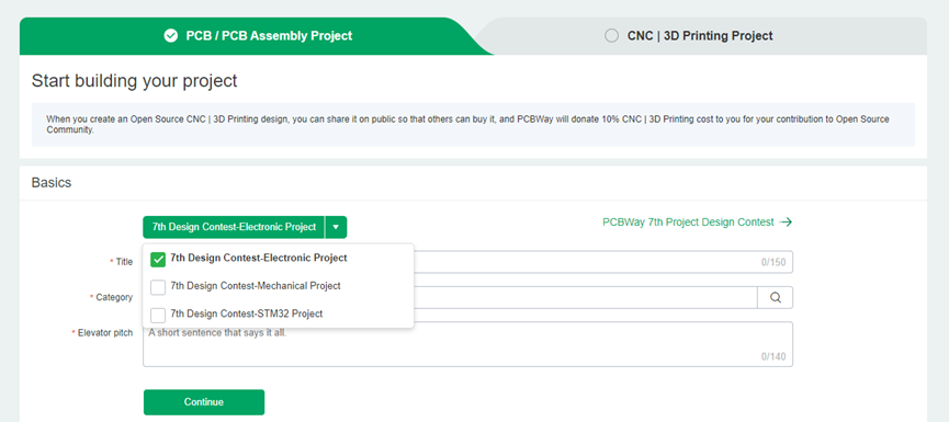 PCBWay 7th Design Contest Submission Page PCBWay 7th Design Contest submission form page with Electronic Project category selected.