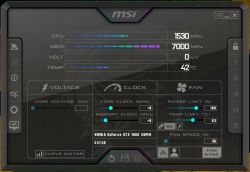 Interfejs programu MSI Afterburner pokazujący parametry karty graficznej NVIDIA GeForce GTX 1660 SUPER.