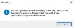 Zrzut ekranu okna „Graphics” w Windows z komunikatem o braku sterownika AMD i przyciskiem OK.