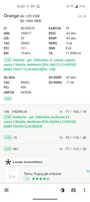 Zrzut ekranu z aplikacji mobilnej SpeedTest NetMonster przedstawiający szczegółowe wyniki testu sieci Orange 4G i 5G w Halickie, gm. Zabłudów.