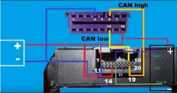 Schemat połączeń sterownika Gateway z oznaczeniami CAN high, CAN low i pinami.