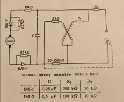 Schemat ideowy mierników IMI-1 i IMI-2 z elementami i tabelą wartości C, R1, R2
