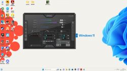 Zrzut ekranu pulpitu Windows 11 z otwartym programem MSI Afterburner do monitorowania wydajności karty graficznej.