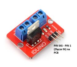 Czerwony moduł z tranzystorem IDUINO i oznaczeniem połączeń SIG, VCC i GND