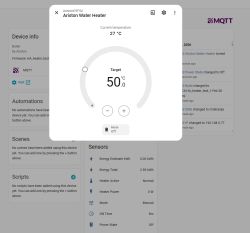 Ariston Water Heater control pop-up showing 27°C current temperature and 50°C target with +/- buttons