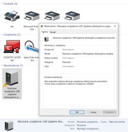 Zrzut ekranu z panelu sterowania Windows, pokazujący błąd nieznanego urządzenia USB.