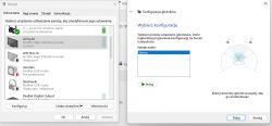 Zrzut ekranu z ustawień dźwięku w systemie Windows, pokazujący listę urządzeń audio i konfigurację kanałów.
