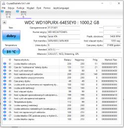 Zrzut ekranu z programu CrystalDiskInfo pokazujący parametry S.M.A.R.T. dla dysku WDC WD10PURX-64E5EY0 o pojemności 1000,2 GB.