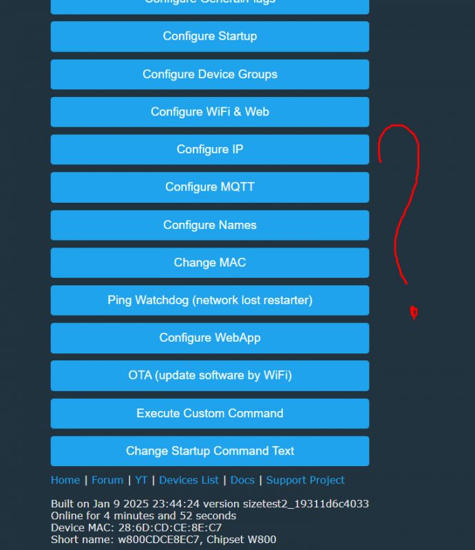 Device configuration interface with setting options.
