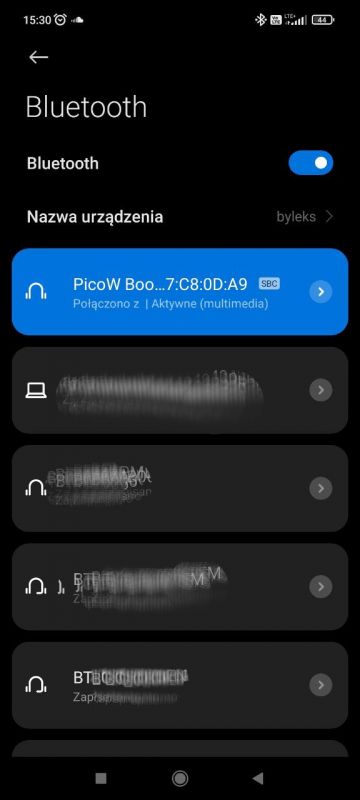 Ekran połączeń Bluetooth z urządzeniem PicoW Boo.